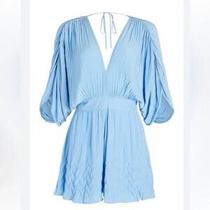 ramy brook | gweneth plunge neck ruched satin cloud blue romper